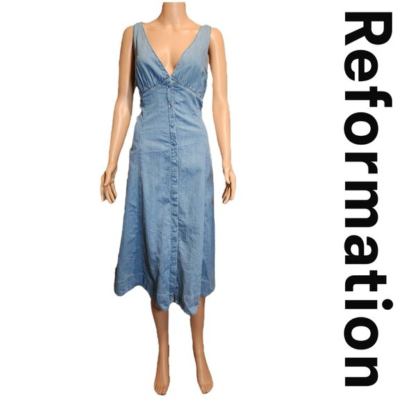 Reformation Sebastien Denim Midi Dress Broken Button NWT Size 10 - Picture 1 of 13